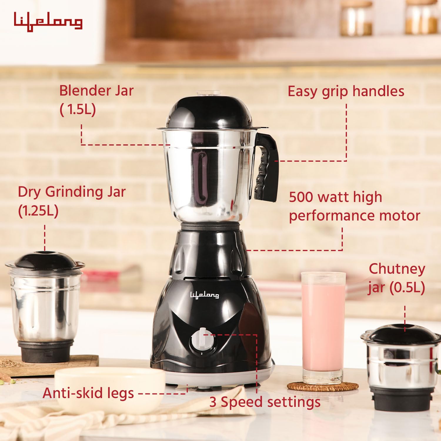 Lifelong LLMG23 Power Pro 500-Watt Mixer Grinder with 3 Jars (Liquidizing, Wet Grinding and Chutney Jar), Stainless Steel blades, 1 Year Warranty - View 4