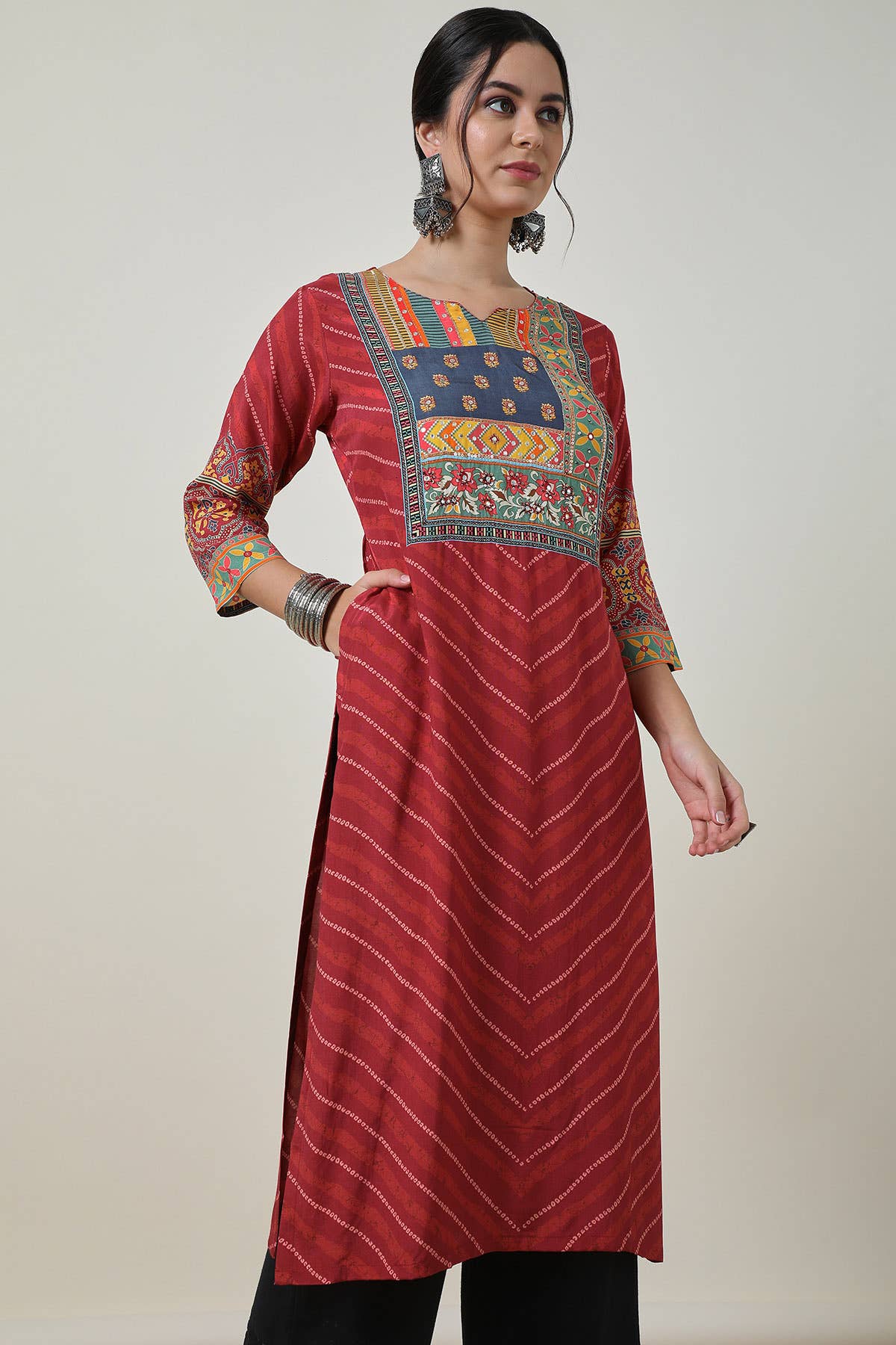 Brick Red Viscose Muslin Bandhani Print Kurta - View 3