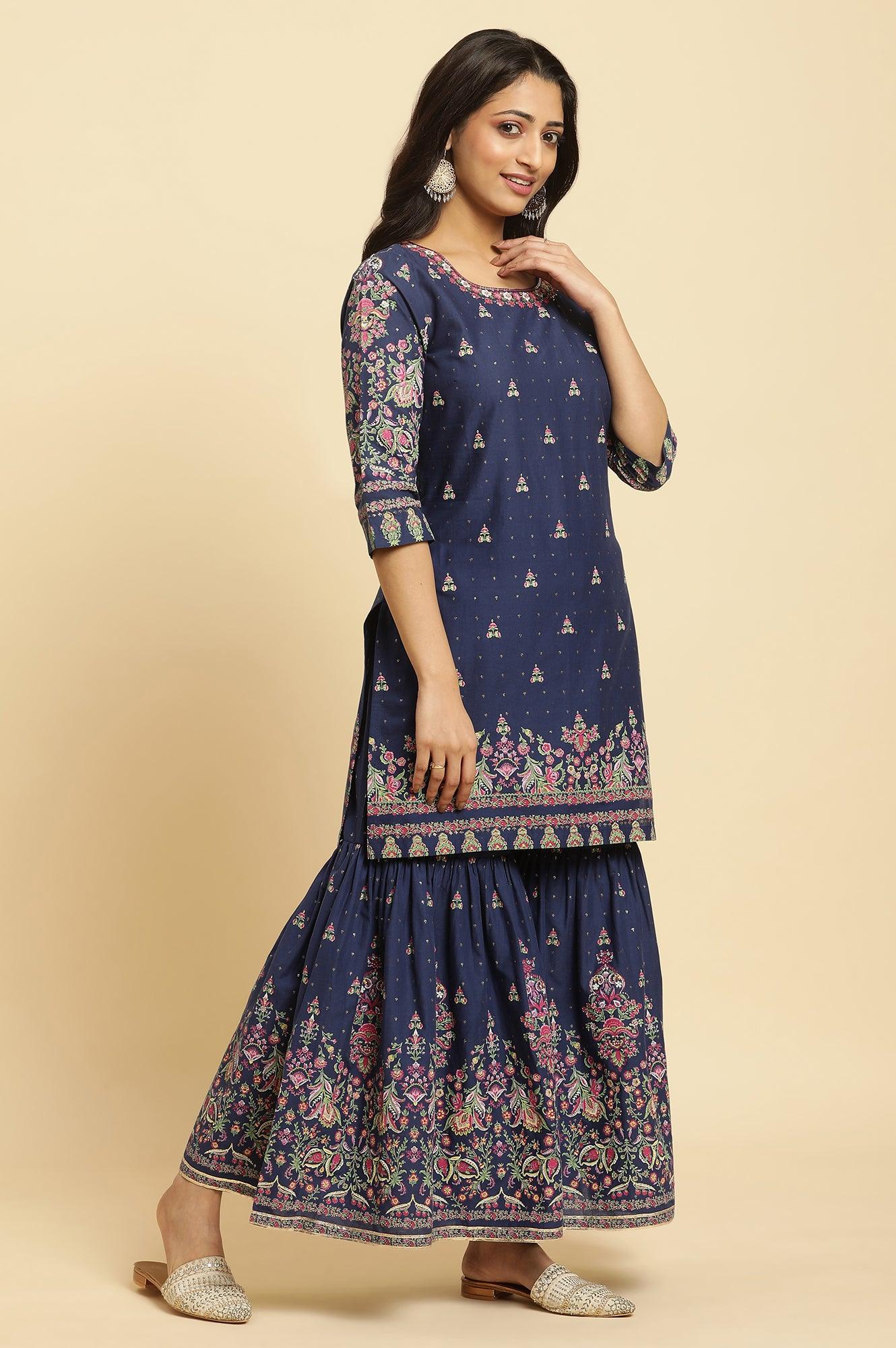Blue Floral Printed Kurta, Sharara And Dupatta Set - View 2