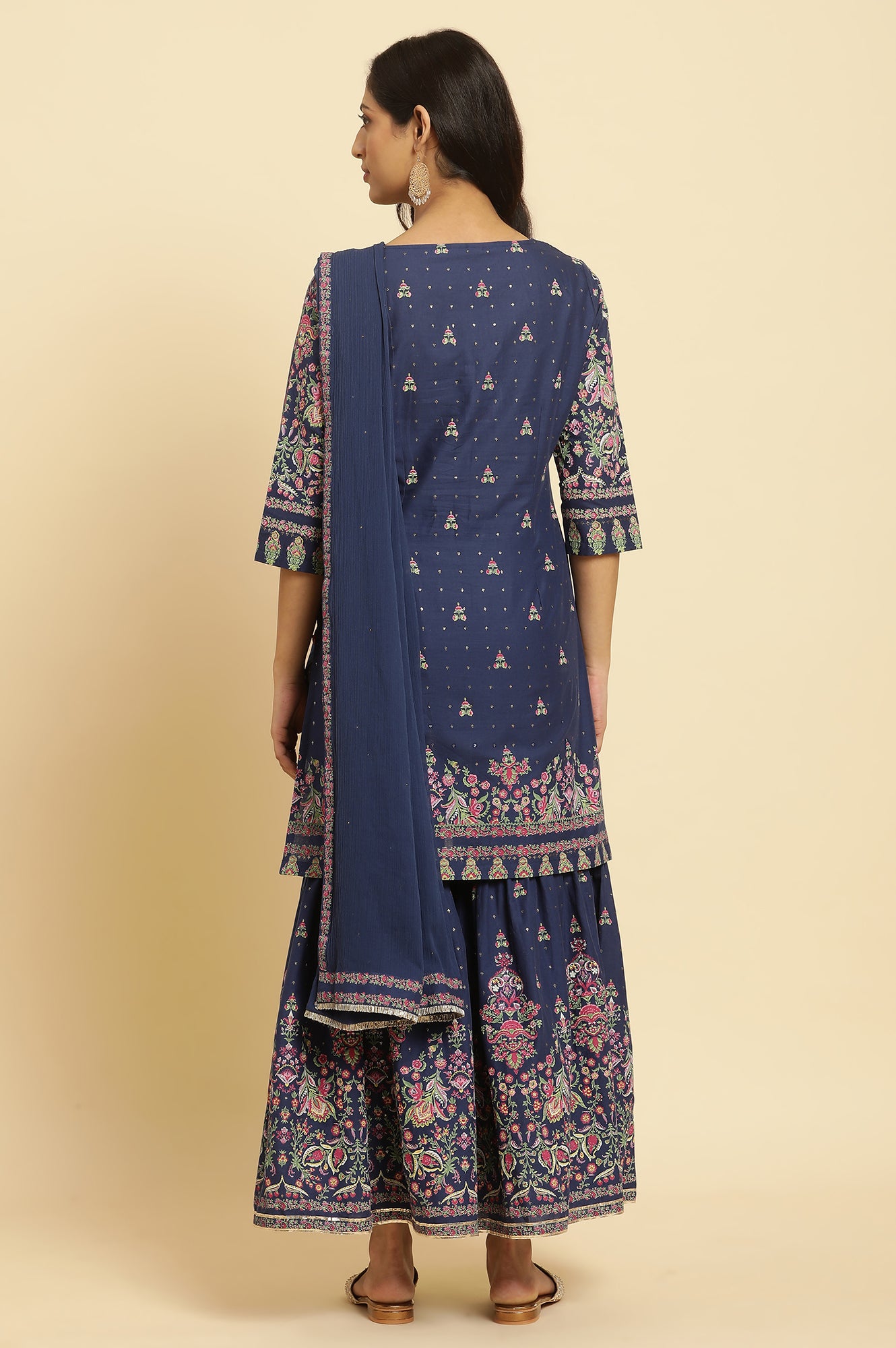 Blue Floral Printed Kurta, Sharara And Dupatta Set - View 3