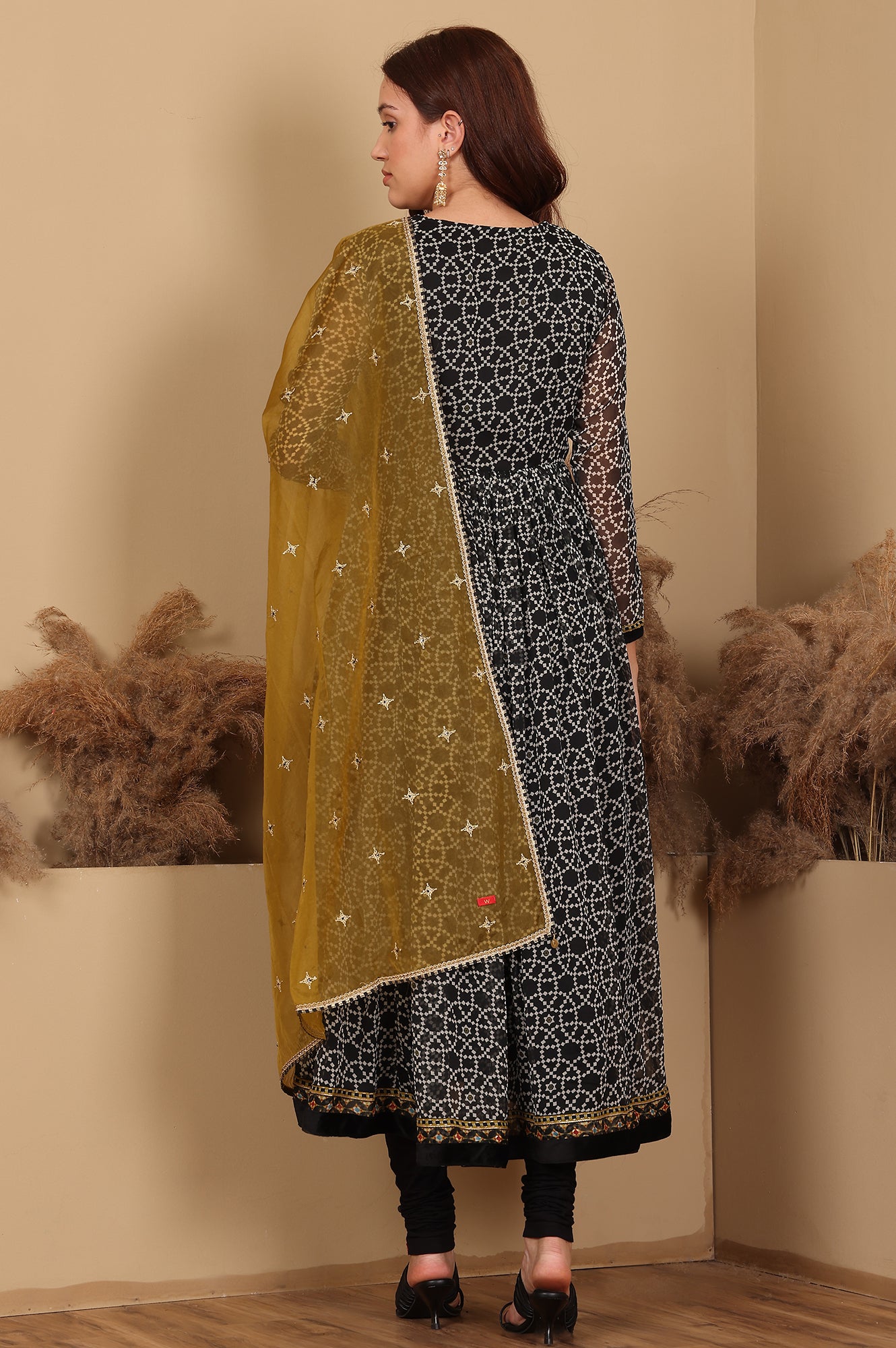 Black Printed Gathered Chiffon Kurta With Embroidery, Churidar And Dupatta Set - View 2