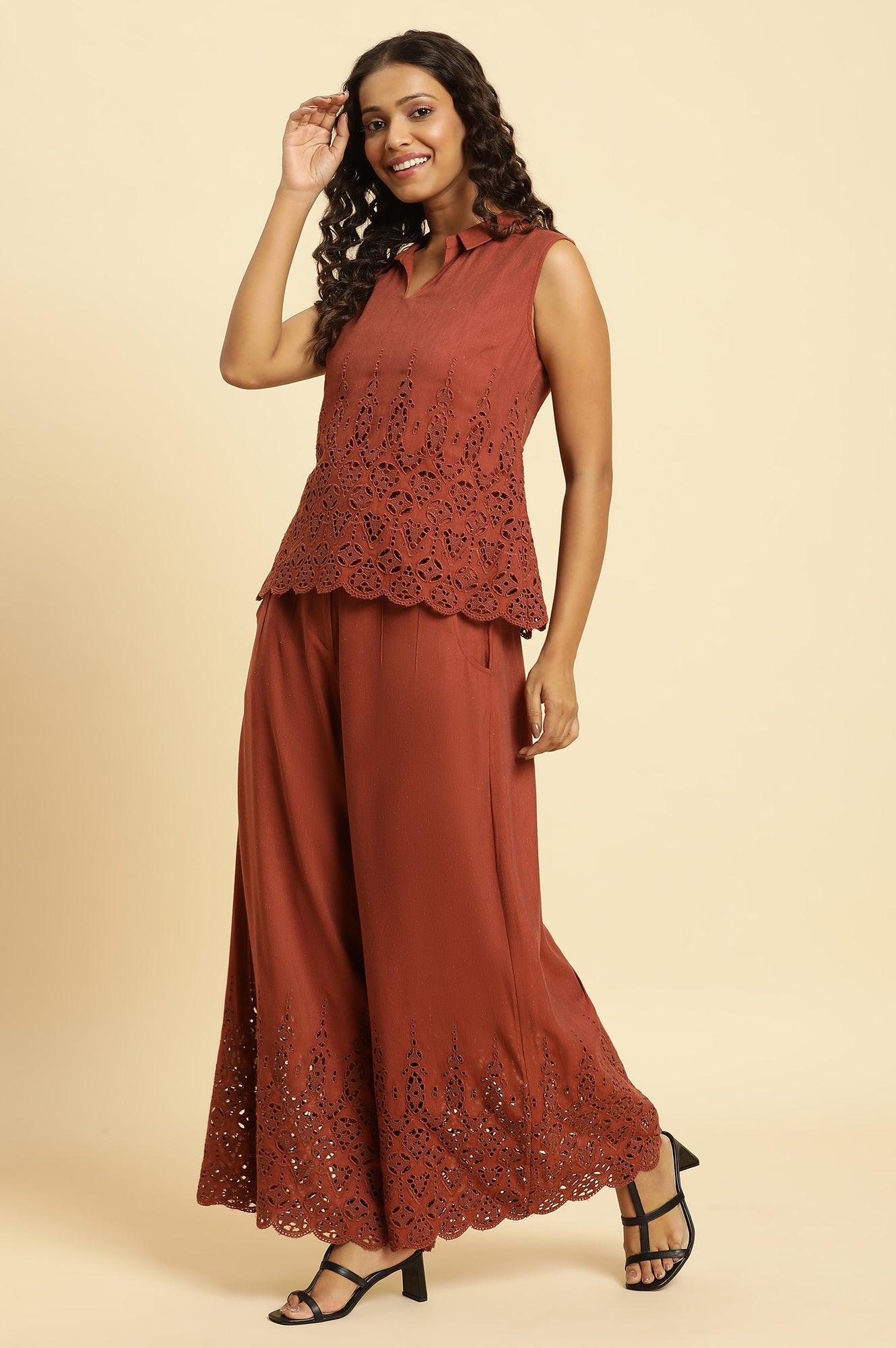 Dark Red Cotton Schiffli Top And Pants Co-Ord Set - View 6