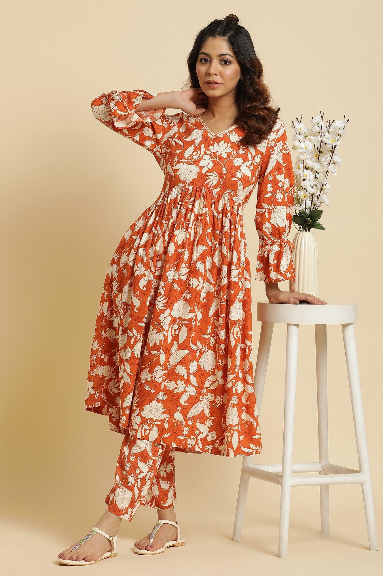 Dark Orange Floral Printed Kurta &amp; Pants Co-Ord Set - View 8