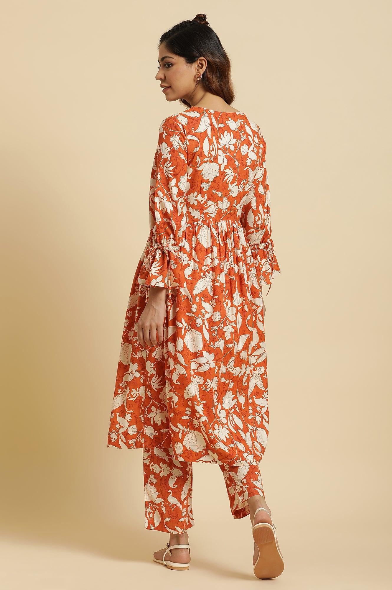 Dark Orange Floral Printed Kurta &amp; Pants Co-Ord Set - View 7
