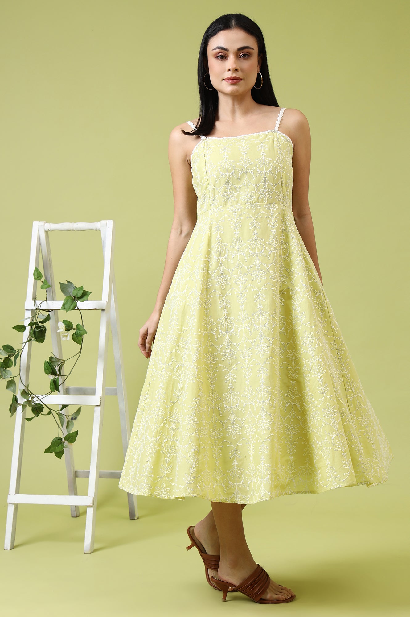 Lime Green Schiffli Embroidered Pure Cotton Flared Spaghetti Dress - View 8