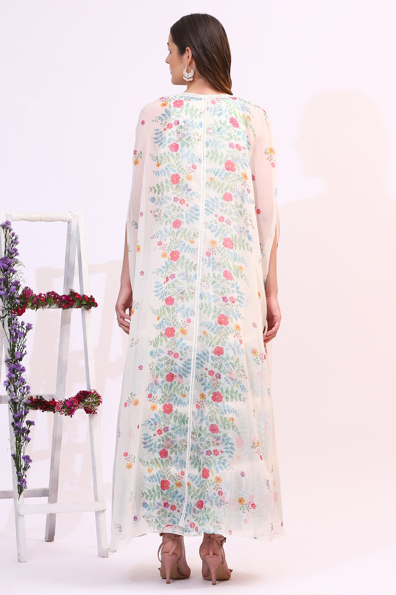White Floral Printed Chiffon Tiered Flared Dress with Printed Cape - View 7