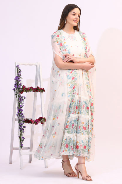 White Floral Printed Chiffon Tiered Flared Dress with Printed Cape - View 4
