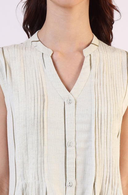 Off -White Striped Cotton Blend Flared Western Dress - View 5