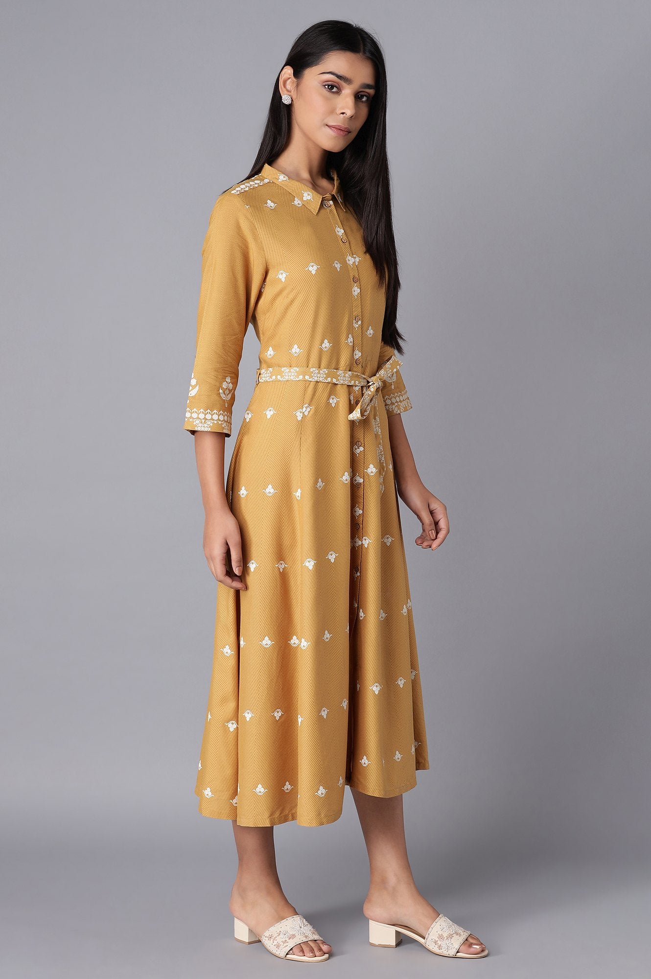 Yellow Flared Panelled Dress - View 7