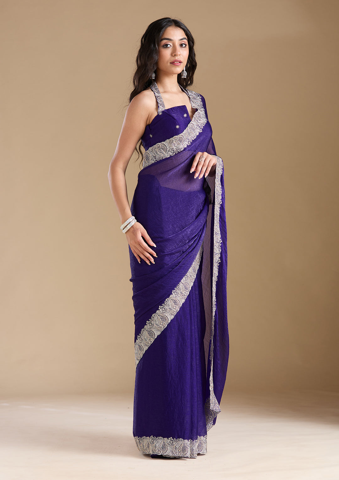 Violet Zariwork (Silver) Chiffon Saree - View 4