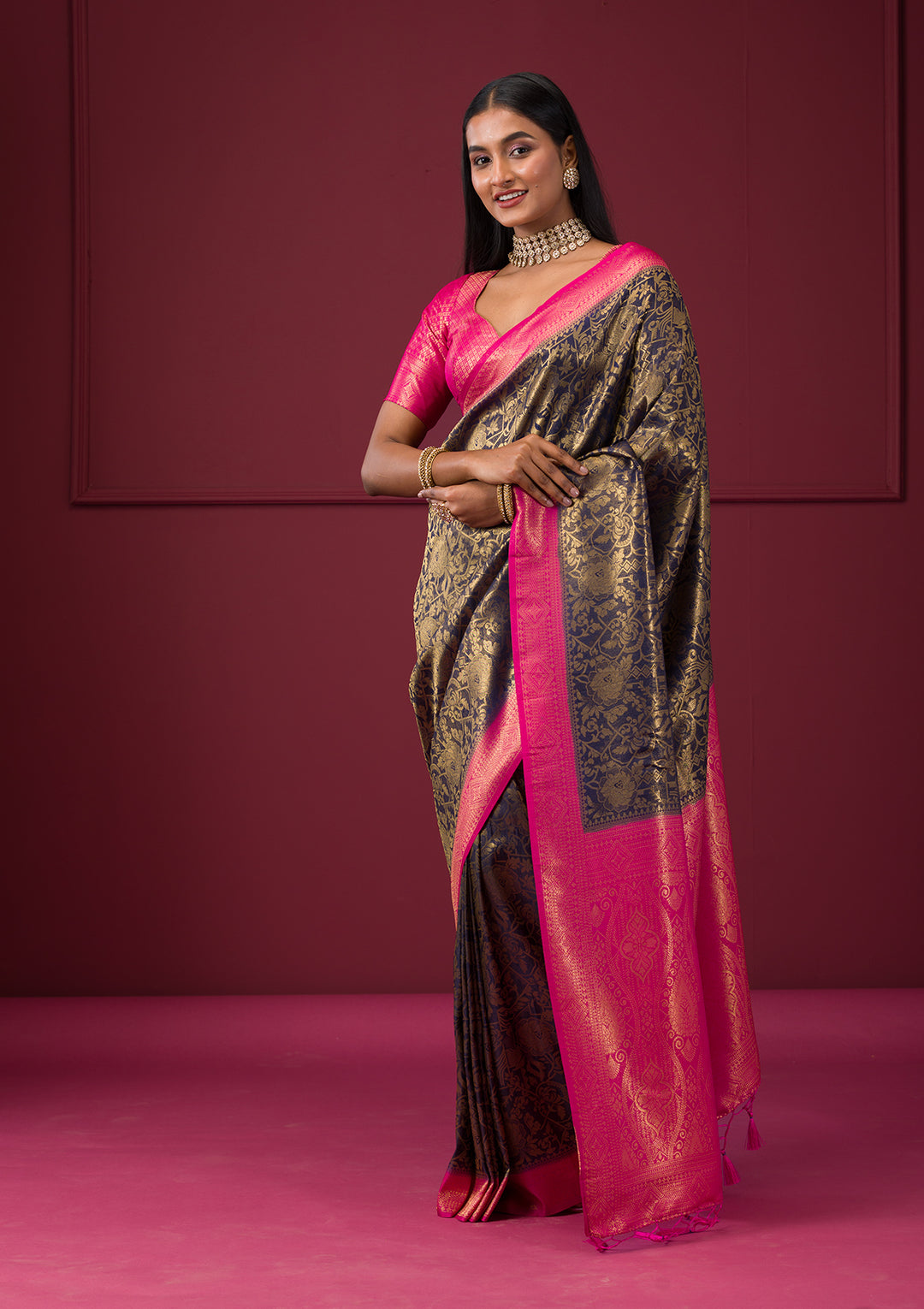 Navy Blue Zariwork Soft Silk Saree - View 4