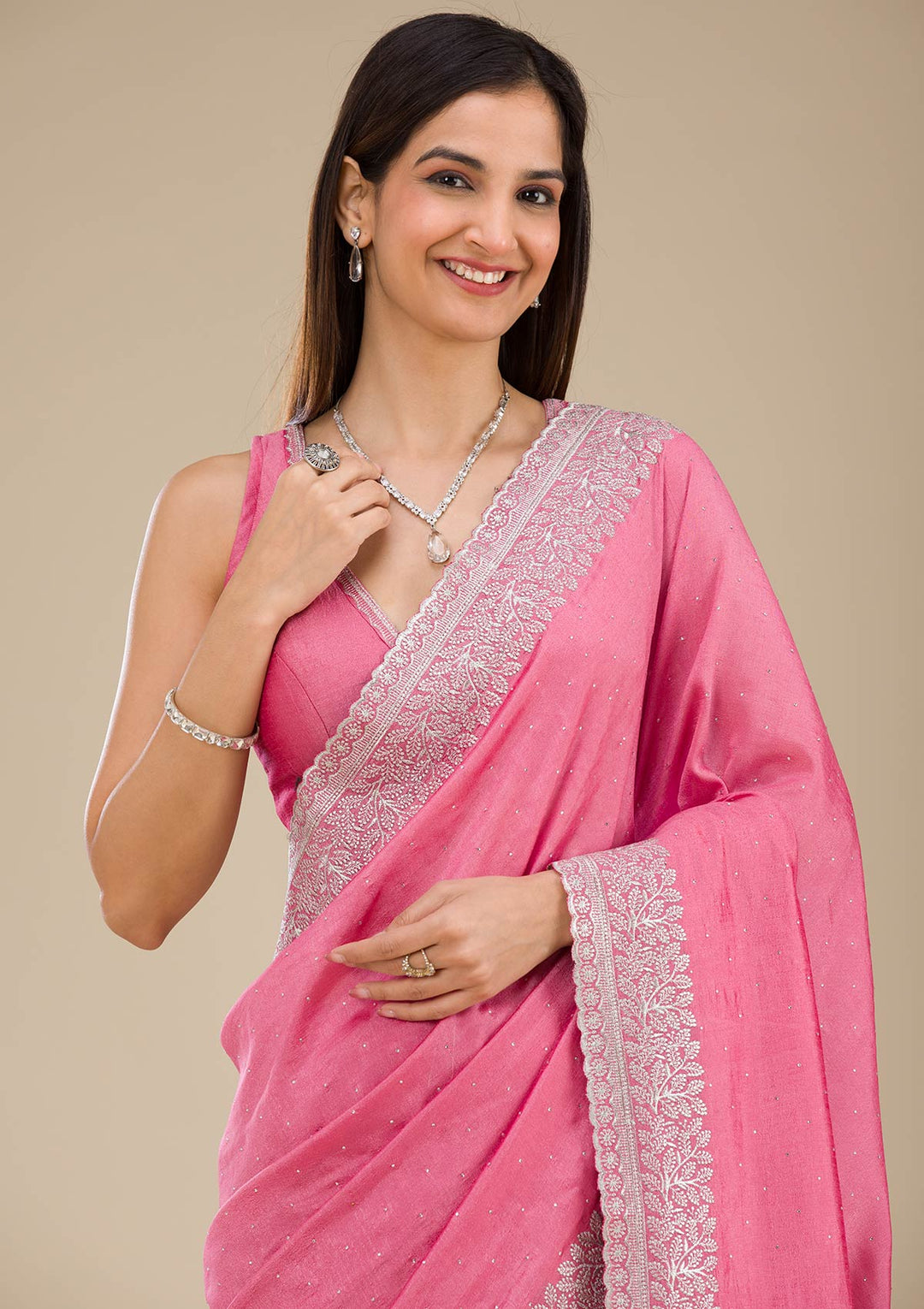 Onion Pink Zariwork Soft Silk Saree - View 6