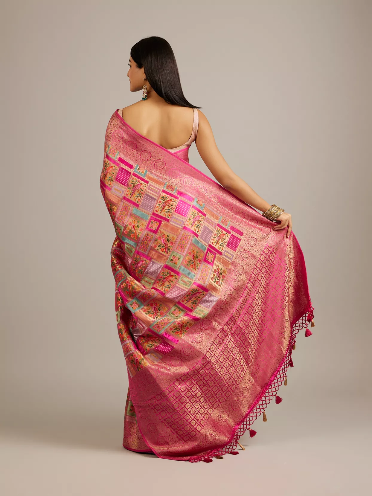 Rani Pink Grid Patterned Saree with Peacock Motifs - View 3
