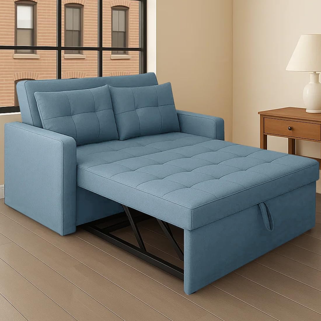 FURNY Tressa 2 Seater Pull-Out Premium Fabric Sofa Cum Bed Sofa Set for Living Room (Sky Blue Fabric)