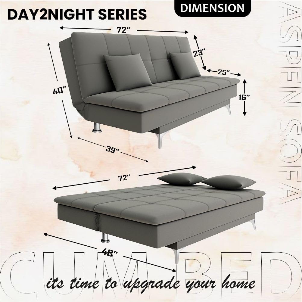 Adorn India Premium New Aspen 3 Seater Sofa Cum Bed 4X6 Velvet Suede with 2 Cushions (Color Grey) and Suitable for All Indoor, with 3 Years Warranty - View 2