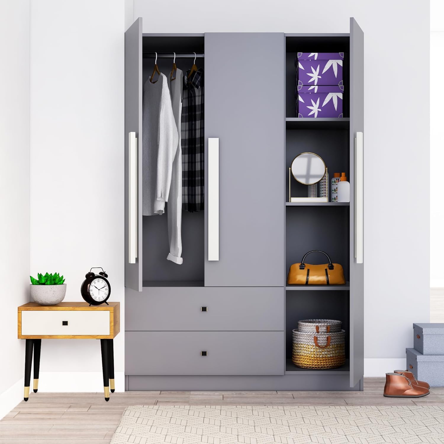 Bniture Wooden Almirah for Clothes, Door for Bedroom, 3 Door Wardrobe with 2 Drawer & Hanging Space (40D x 120W x 180H CM) | 3 Year Warranty (Giant Wood & Slate Grey) - View 3