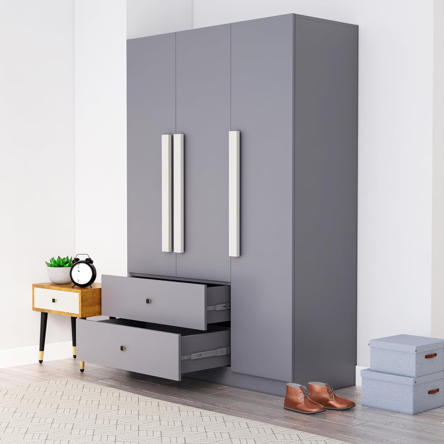 Bniture Wooden Almirah for Clothes, Door for Bedroom, 3 Door Wardrobe with 2 Drawer & Hanging Space (40D x 120W x 180H CM) | 3 Year Warranty (Giant Wood & Slate Grey) - View 5