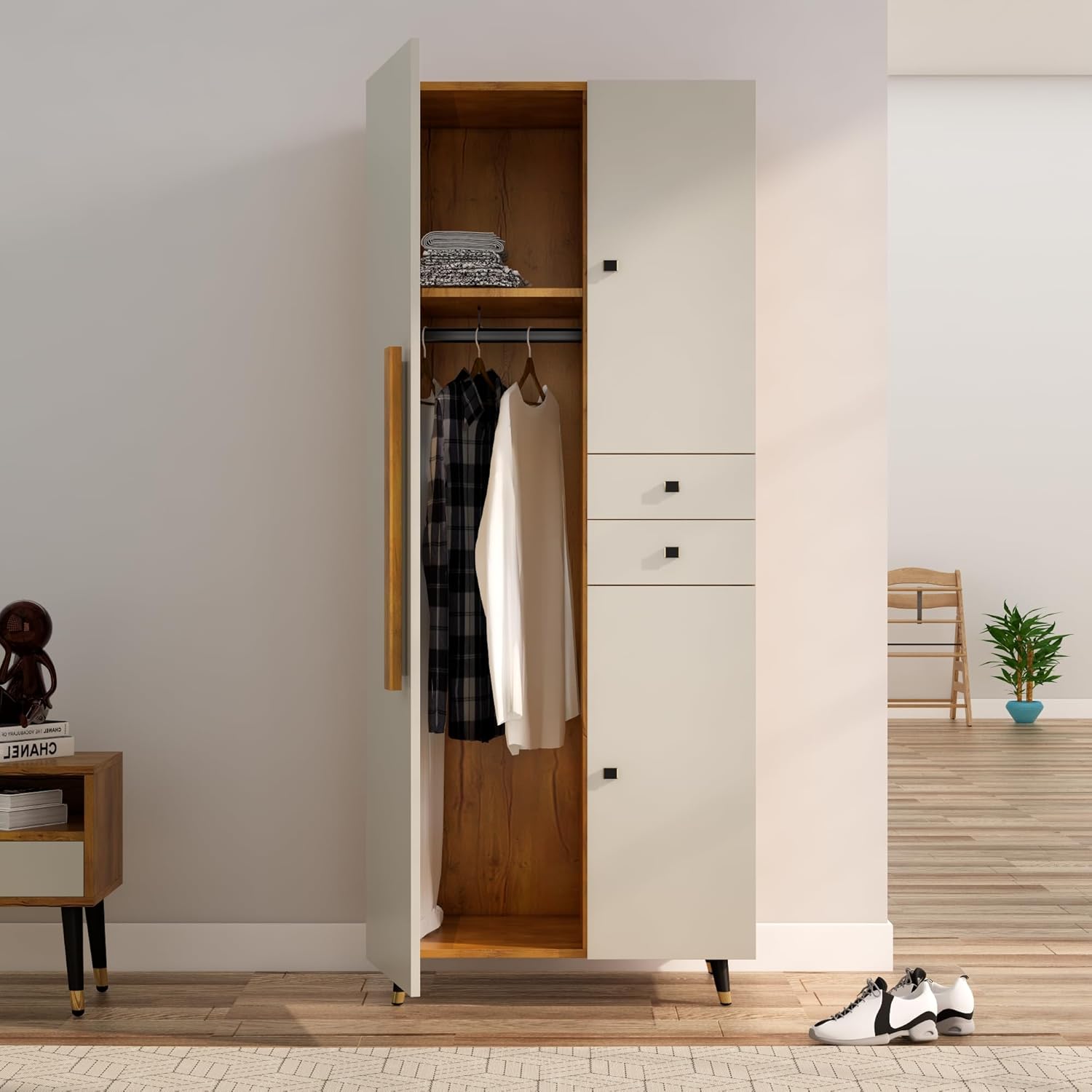 Bniture Wooden Almirah for Clothes, Door for Bedroom, 2 Door Wardrobe with Drawer & Hanging Space (45D x 75W x 180H CM) | 3 Year Warranty (Giant Wood & Frosty White) - View 3