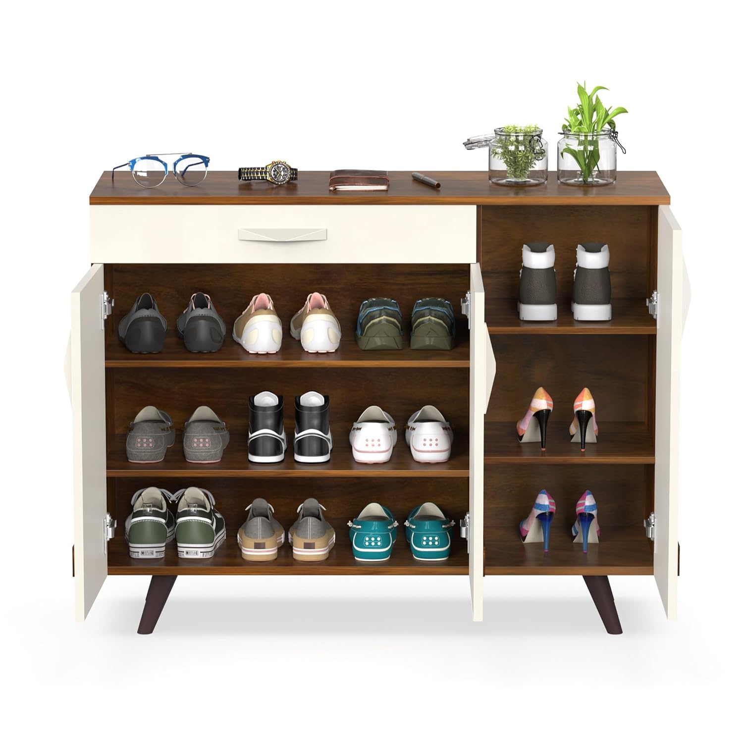 BLUEWUD Kaspen Engineered Wood Wood Dual Tone 3 Doors Shoe Rack Cabinet Slipper Footwear Stand Organizer with Drawer can Store Up to 16 Pairs for Home (Brown Maple & White) - View 5