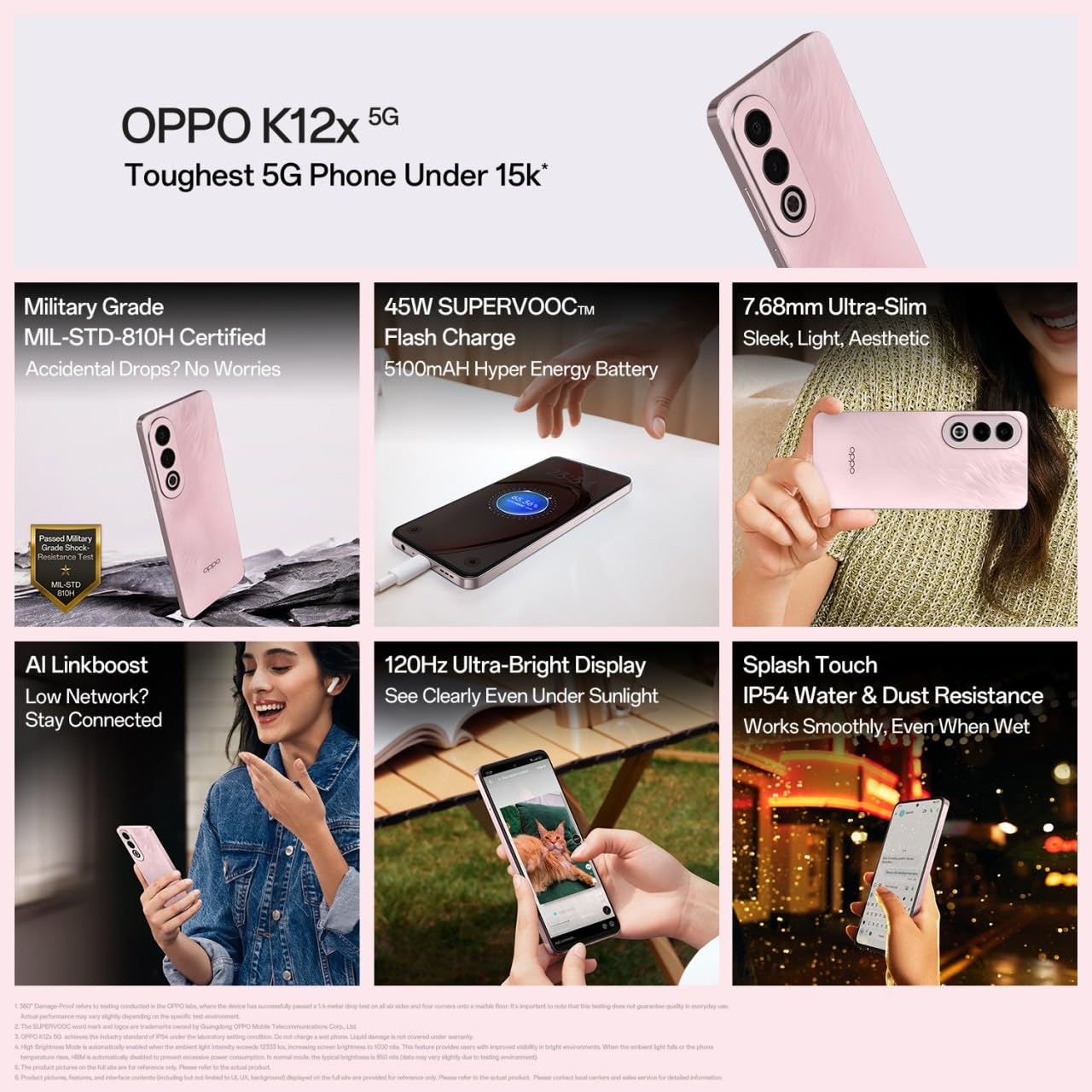 Oppo K12x 5G Smartphone (8GB RAM + 256GB Storage) | 16.94cm LCD Display, 5100mAh Battery | 45W SUPERVOOC Flash Charge | 360° Damage-Proof Armour Body | Charger in The Box (Feather Pink) - View 6