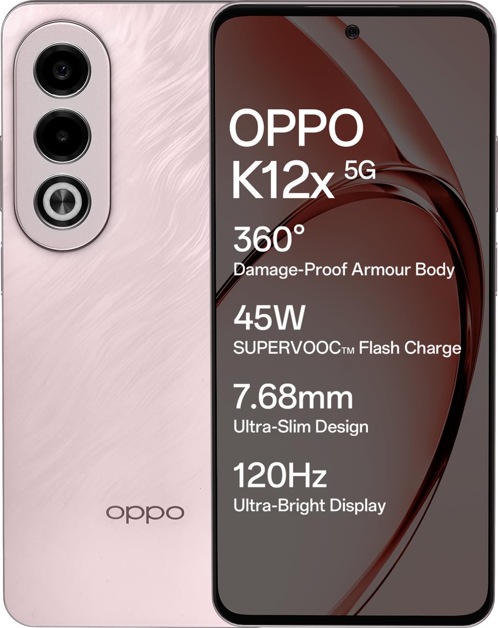 Oppo K12x 5G Smartphone (8GB RAM + 256GB Storage) | 16.94cm LCD Display, 5100mAh Battery | 45W SUPERVOOC Flash Charge | 360° Damage-Proof Armour Body | Charger in The Box (Feather Pink)