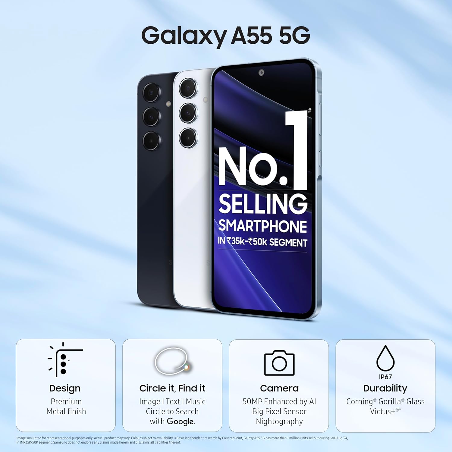 Samsung Galaxy A55 5G (Awesome Iceblue, 8GB RAM, 256GB Storage) | AI | Metal Frame | 50 MP Main Camera (OIS) | Super HDR Video| Nightography | IP67 | Corning Gorilla Glass Victus+ | sAMOLED Display - View 4